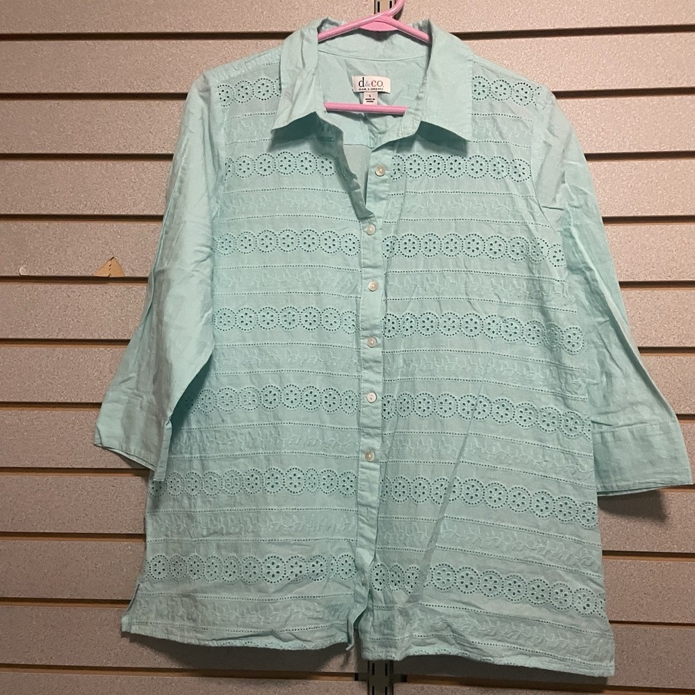 D & Co Large Bright Blue 3/4 Sleeve Button Up Blouse Shirt Top Embroidered